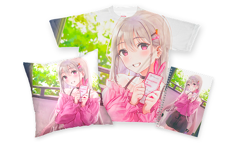 全面デザインに対応したクッションカバー、フルグラフィックTシャツ、リングノートの画像