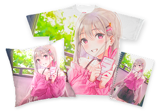 全面デザインに対応したクッションカバー、フルグラフィックTシャツ、リングノートの画像