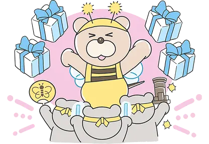 衣装を着てステージ上に立つクマとそれを取り囲むファンのイラスト。周囲にプレゼントボックスが描かれている。
