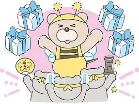 衣装を着てステージ上に立つクマとそれを取り囲むファンのイラスト。周囲にプレゼントボックスが描かれている。