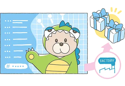 怪獣衣装を着たクマがVTuberのように配信している。pixivFACTORY経由でプレゼントを贈る図がある。