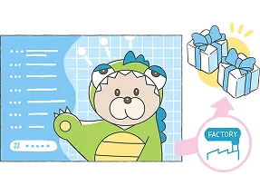 怪獣衣装を着たクマがVTuberのように配信している。pixivFACTORY経由でプレゼントを贈る図がある。