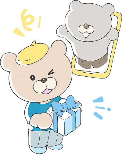 クマのキャラクターがスマホの中のともだちにプレゼントを贈るイラスト