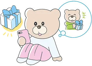 クマのキャラクターがスマホをみながらプレゼントを送った相手を思い浮かべるイラスト