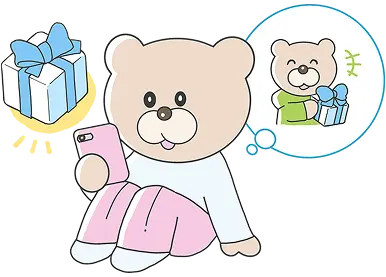 クマのキャラクターがスマホをみながらプレゼントを送った相手を思い浮かべるイラスト