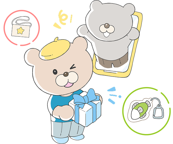 クマのキャラクターがスマホの中のともだちにプレゼントを贈るイラスト