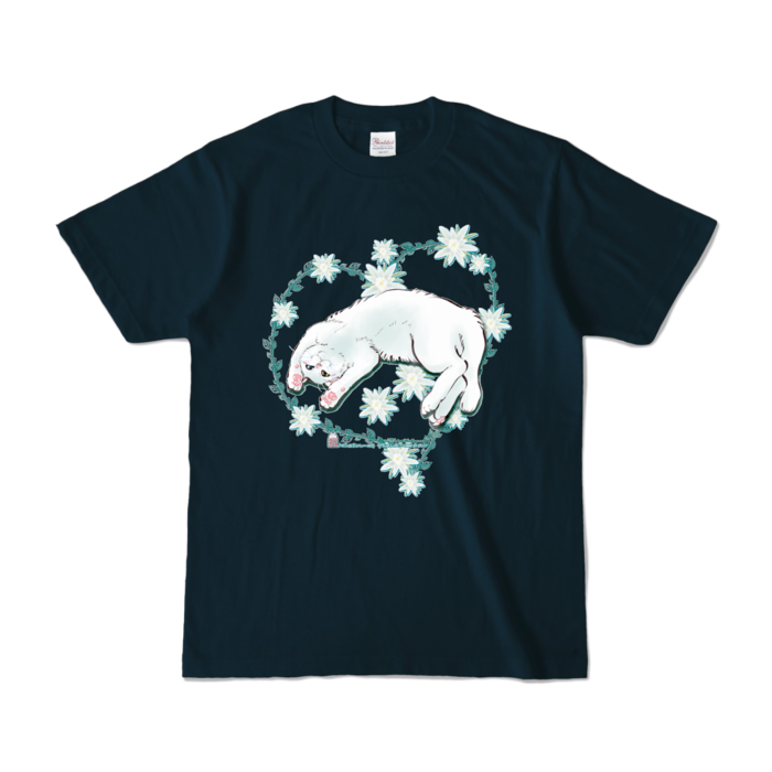 カラーTシャツ-花と蔓とゴロン白猫 - S - ネイビー (濃色)