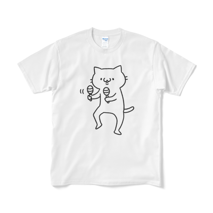【デカねこ】マラカスねこ（大プリント／線画）Tシャツ - M - ホワイト