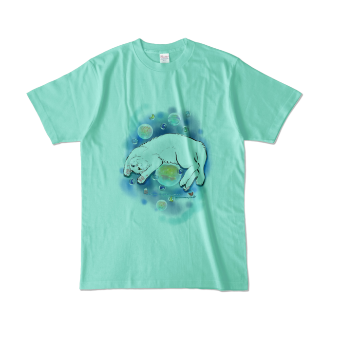 カラーTシャツ-水彩玉と白猫 - L - アイスグリーン (淡色)