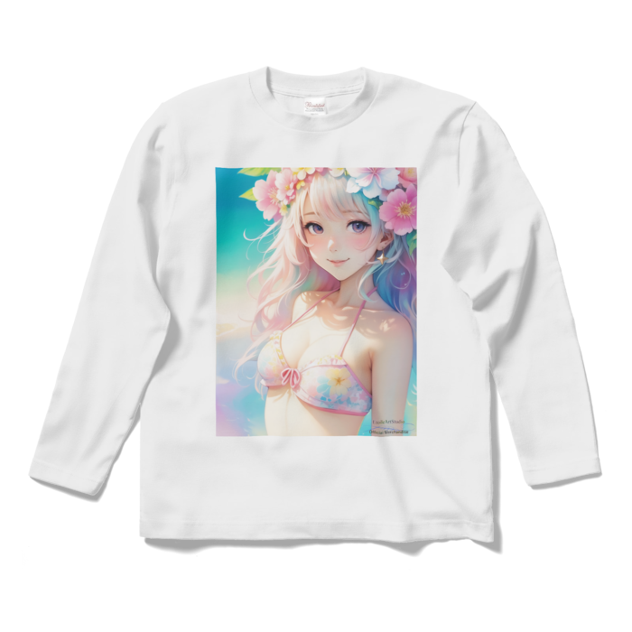(前面プリント)「夢見る瞳4」長袖カラーTシャツ - S - ホワイト