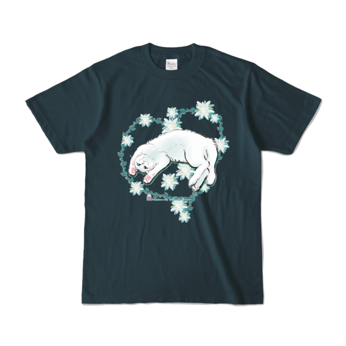 カラーTシャツ-花と蔓とゴロン白猫 - S - デニム (濃色)