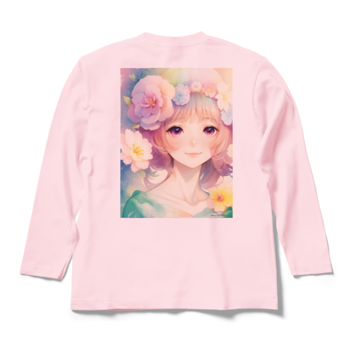 (背面プリント)「夢見る瞳」長袖カラーTシャツ - M - ライトピンク