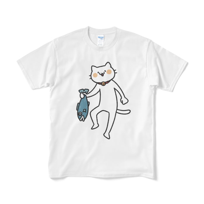 【デカねこ】魚を持ち帰る猫（大プリント／カラー）Tシャツ - M - ホワイト
