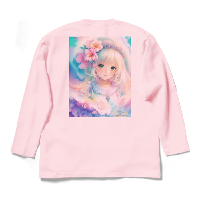 (背面プリント)「夢見る瞳8」長袖カラーTシャツ - L - ライトピンク