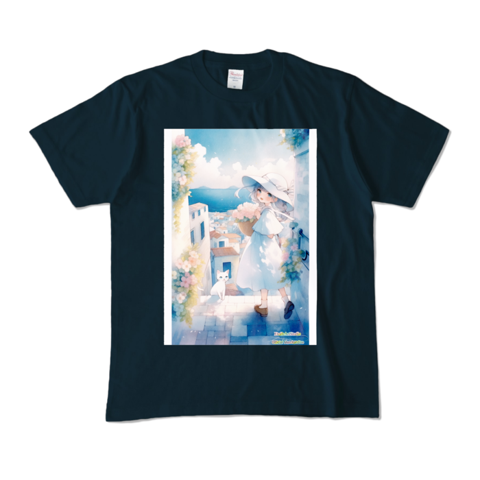 (前面プリント-枠有り) 「海辺の町で」カラーTシャツ - M - ネイビー (濃色)