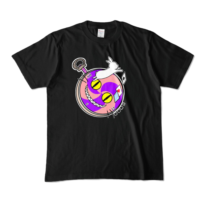 チャシャ猫時計とウサギ Tシャツ - M - ブラック