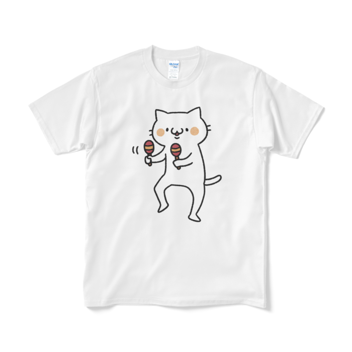 【デカねこ】マラカスねこ（大プリント／カラー）Tシャツ - M - ホワイト