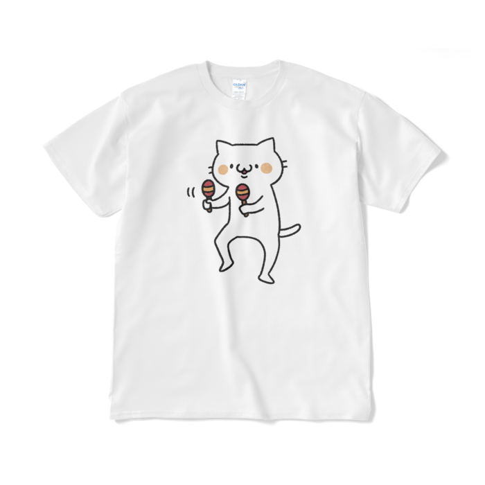 【デカねこ】マラカスねこ（大プリント／カラー）Tシャツ - XL - ホワイト