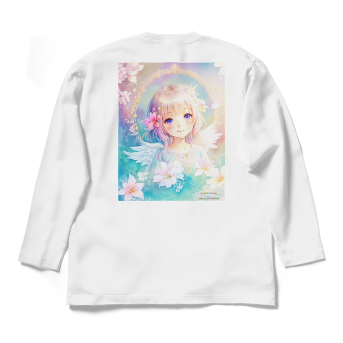 (背面プリント)「夢見る瞳7」長袖カラーTシャツ - L - ホワイト