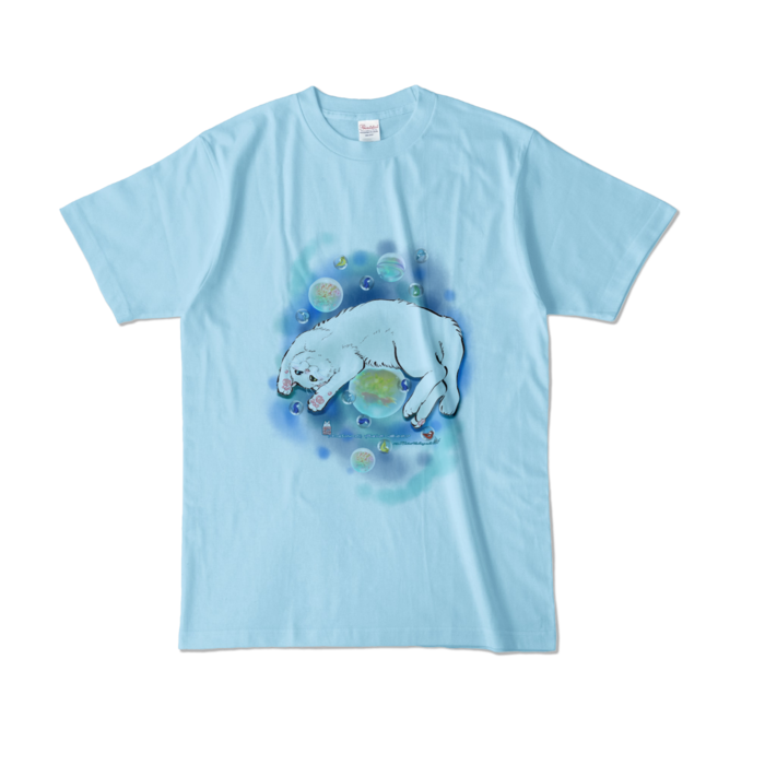 カラーTシャツ-水彩玉と白猫 - L - ライトブルー (淡色)