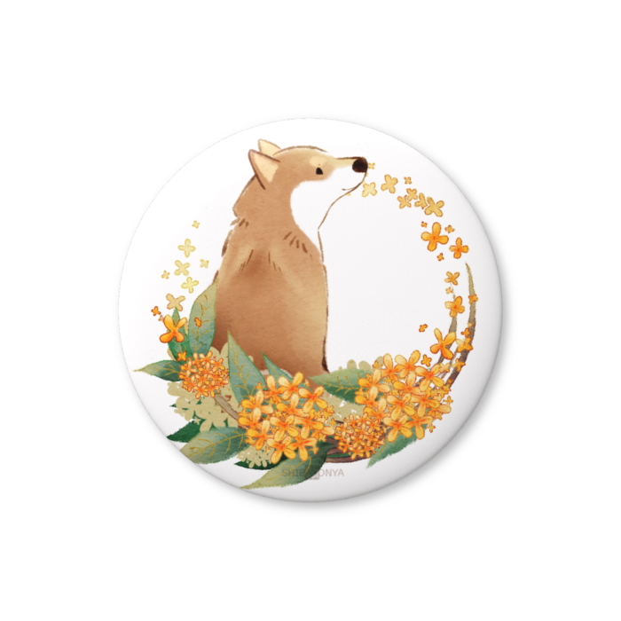 柴犬さんと花便り缶ﾊﾞｯﾁ -金木犀・神無月(10月)-