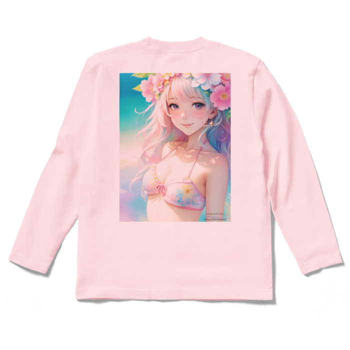 (背面プリント)「夢見る瞳4」長袖カラーTシャツ - S - ライトピンク