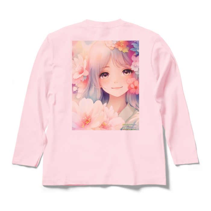 (背面プリント)「夢見る瞳2」長袖カラーTシャツ - M - ライトピンク