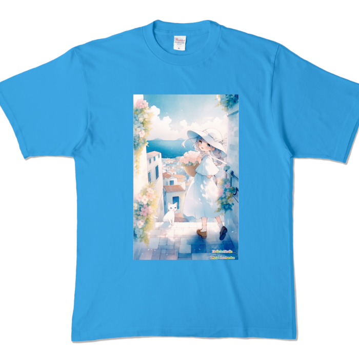 (前面プリント-枠無し) 「海辺の町で」カラーTシャツ - XL - ターコイズ (濃色)