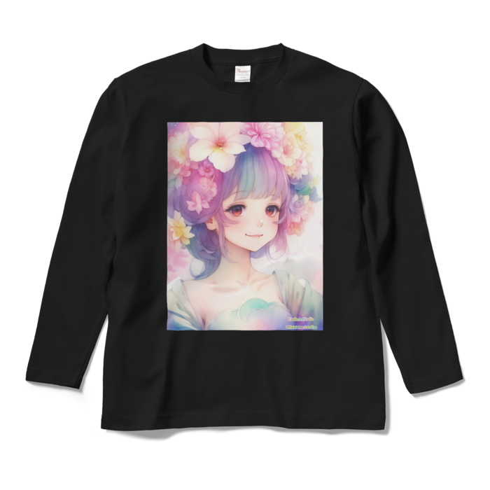 (両面プリント)「夢見る瞳5」長袖カラーTシャツ - M - ブラック