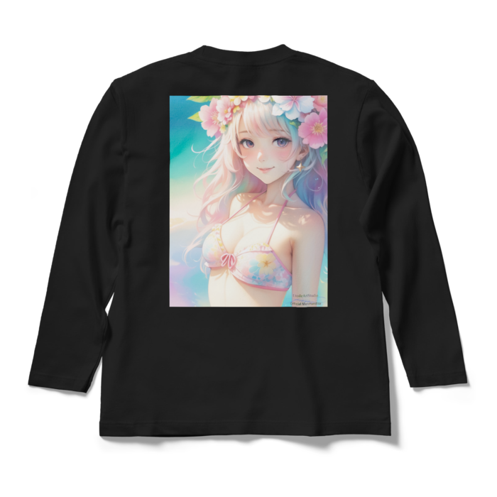 (背面プリント)「夢見る瞳4」長袖カラーTシャツ - M - ブラック