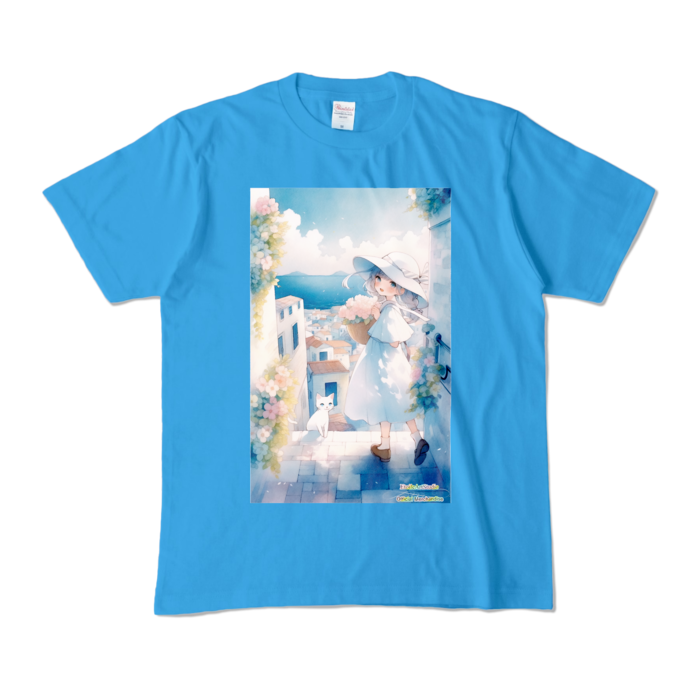 (両面プリント-枠無し) 「海辺の町で」カラーTシャツ - M - ターコイズ (濃色)