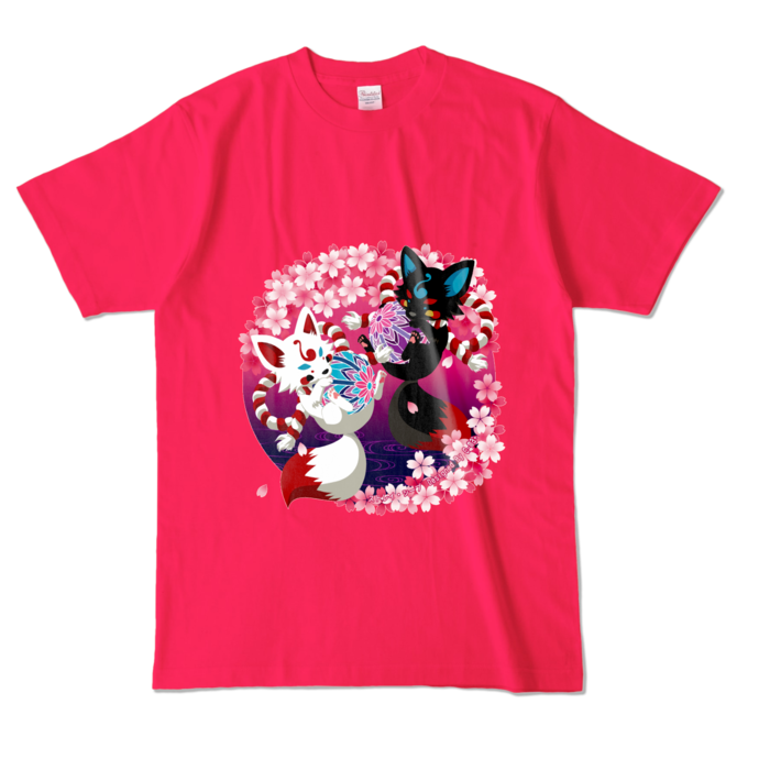 妖狐と桜　カラーTシャツ - L - ホットピンク (濃色)