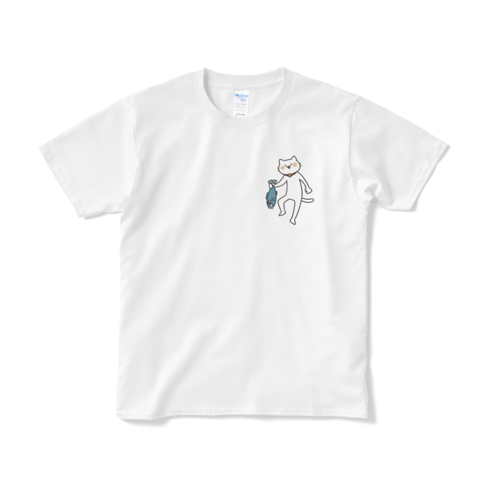 魚を持ち帰る猫（小プリント／カラー）Tシャツ - S - ホワイト