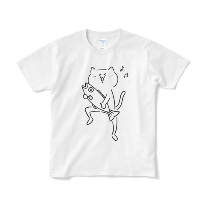 魚をゲットして嬉しい猫のTシャツ（短納期） - S - ホワイト