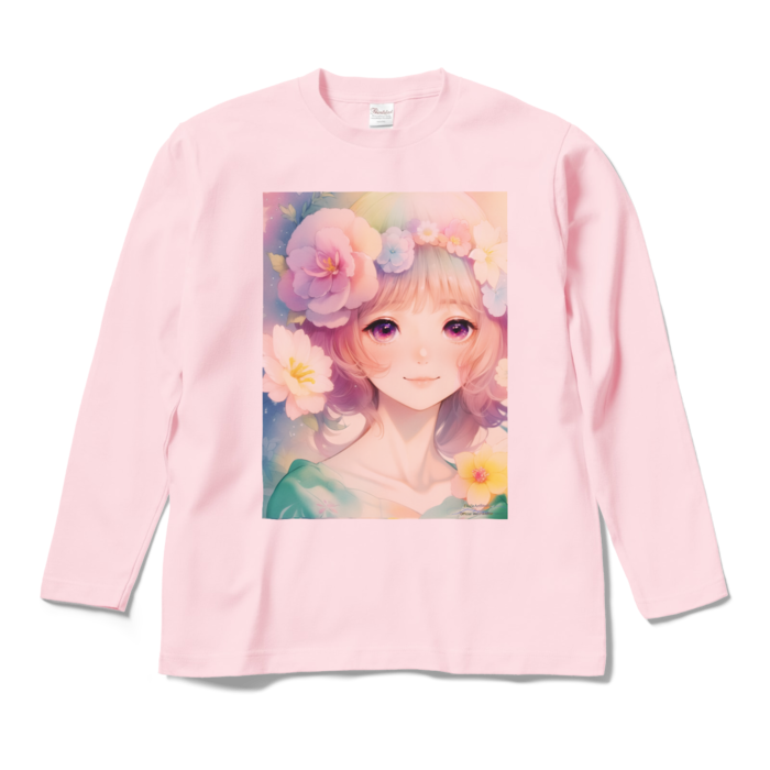 (前面プリント)「夢見る瞳」長袖カラーTシャツ - M - ライトピンク