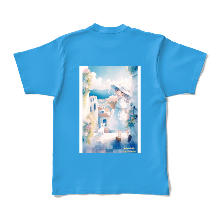 (背面プリント-枠有り) 「海辺の町で」カラーTシャツ - XL - ターコイズ (濃色)