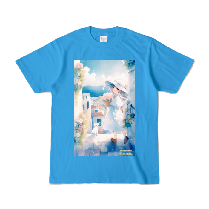(前面プリント-枠無し) 「海辺の町で」カラーTシャツ - S - ターコイズ (濃色)