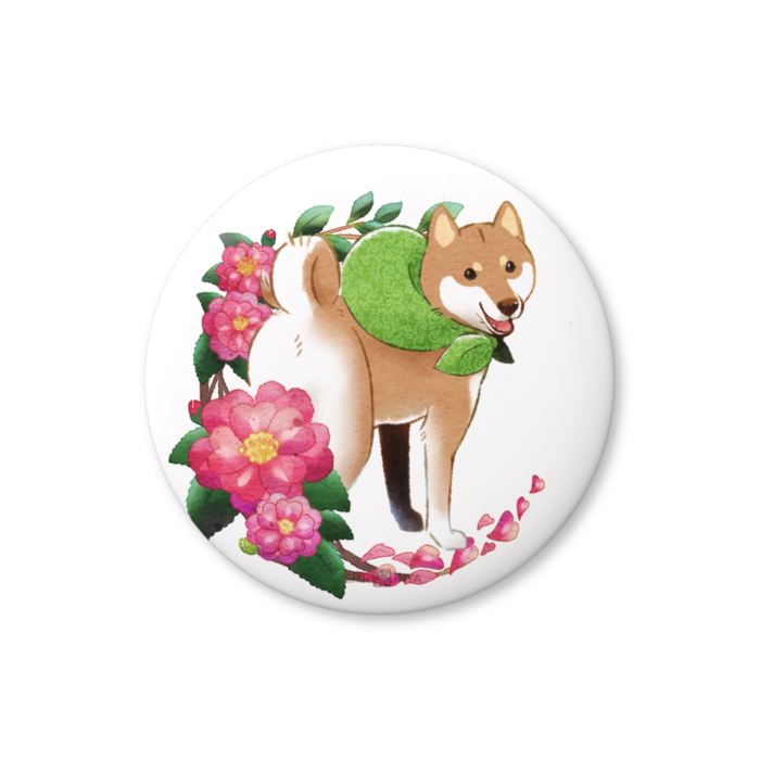 柴犬さんと花便り缶ﾊﾞｯﾁ -山茶花・師走(12月)-