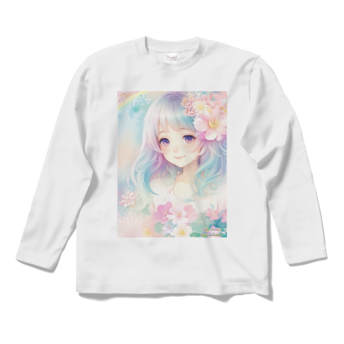(前面プリント)「夢見る瞳6」長袖カラーTシャツ - S - ホワイト