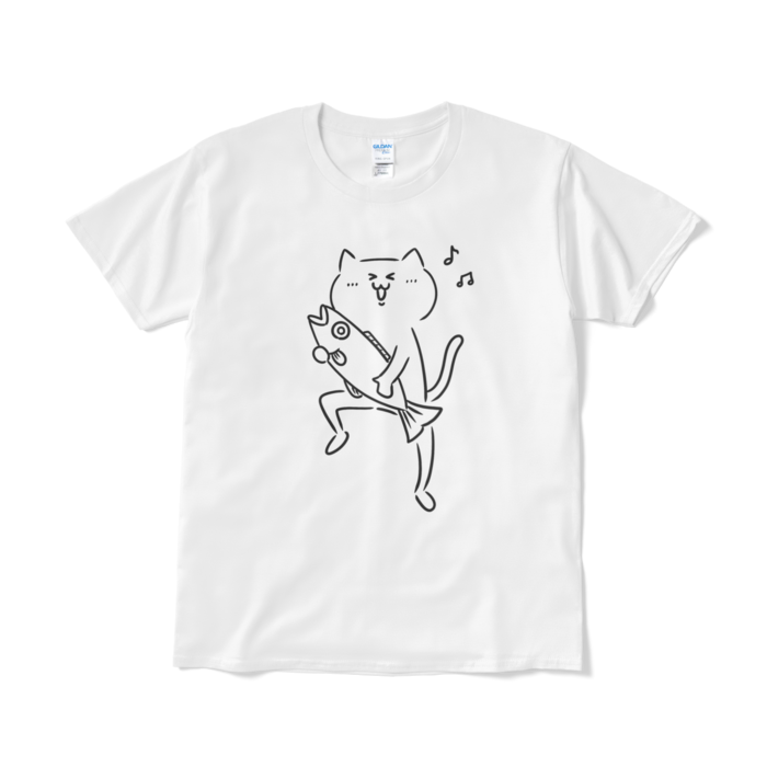 魚をゲットして嬉しい猫のTシャツ（短納期） - L - ホワイト