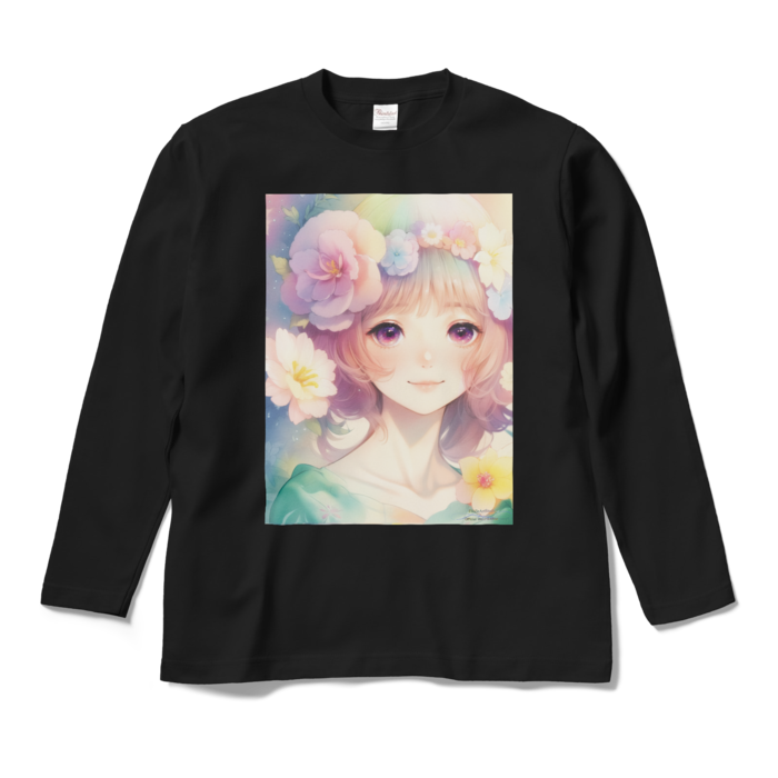 (前面プリント)「夢見る瞳」長袖カラーTシャツ - M - ブラック