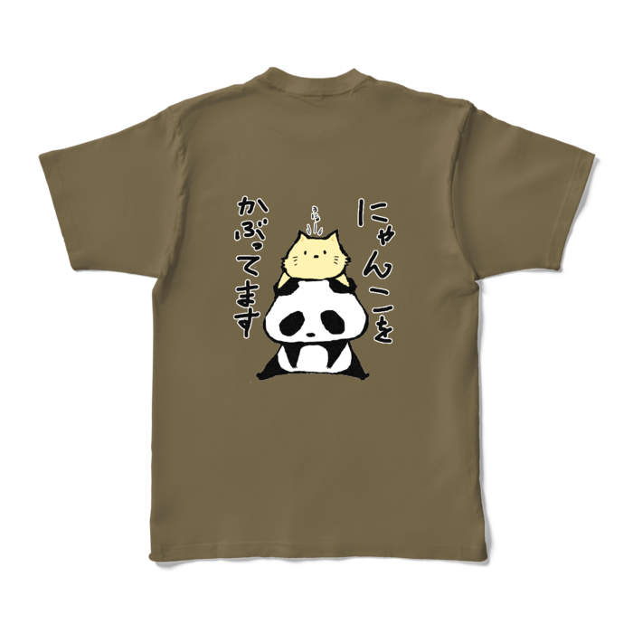 「にゃんこをかぶってます」カラーTシャツ - XL - オリーブ (濃色)