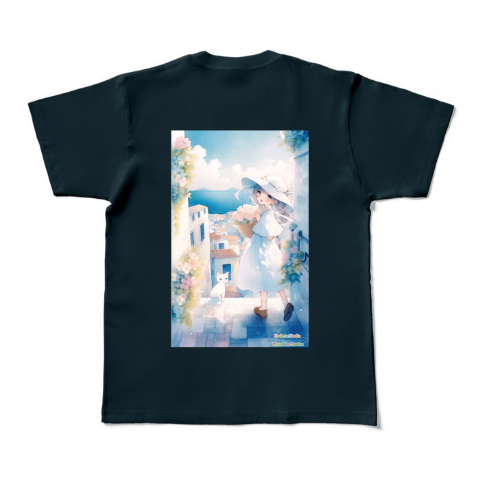 (背面プリント-枠無し) 「海辺の町で」カラーTシャツ - M - ネイビー (濃色)