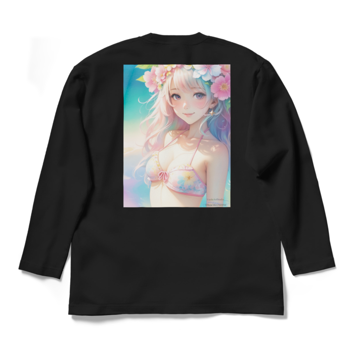 (背面プリント)「夢見る瞳4」長袖カラーTシャツ - L - ブラック