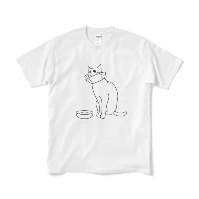 エリザベスカラーを付けた猫(文字なし)のTシャツ（短納期） - M - ホワイト