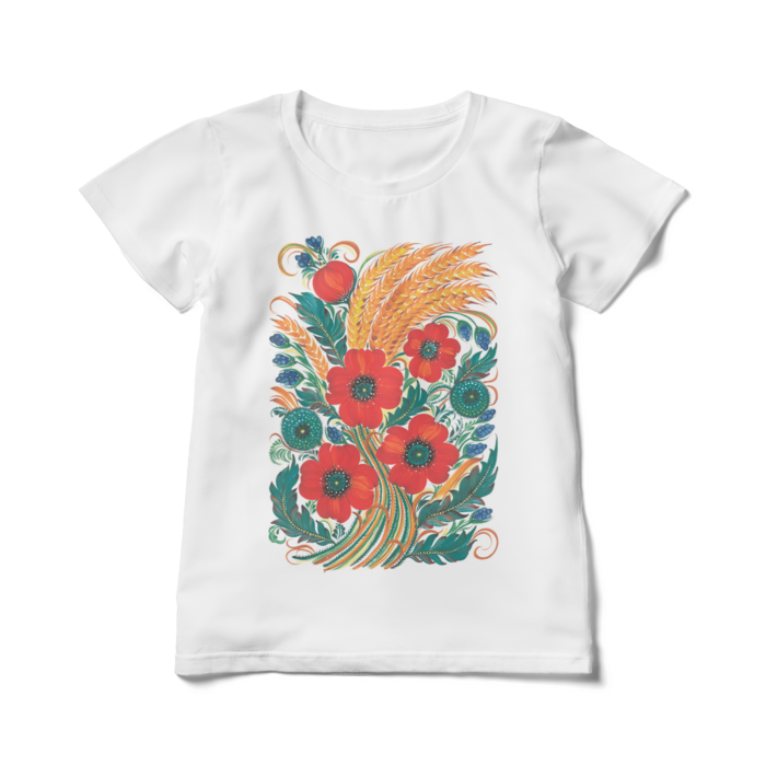 レディースTシャツ (赤い花)  - L - 白
