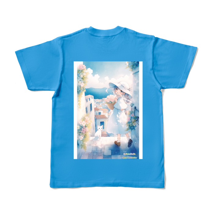 (背面プリント-枠有り) 「海辺の町で」カラーTシャツ - S - ターコイズ (濃色)