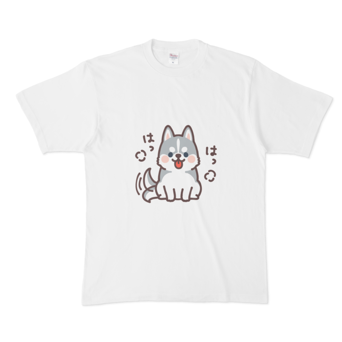 もふもふシベリアンハスキー（おすわり）白Tシャツ - つじなつみのお店