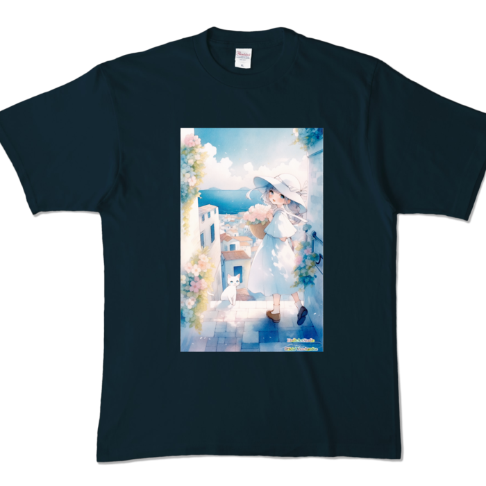 (両面プリント-枠無し) 「海辺の町で」カラーTシャツ - XL - ネイビー (濃色)