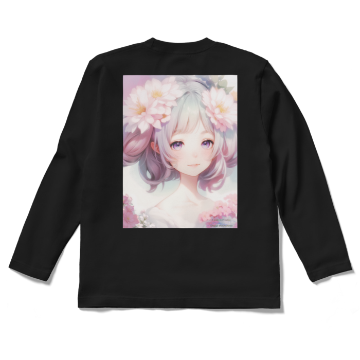 (背面プリント)「夢見る瞳3」長袖カラーTシャツ - S - ブラック